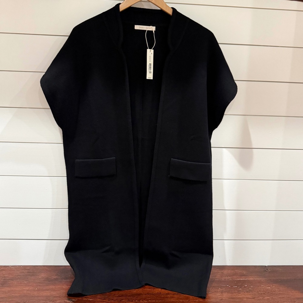 Sasso + Smyth NWT Black Open Cardigan Sweater Women OSFM Minimalist Chic‎
